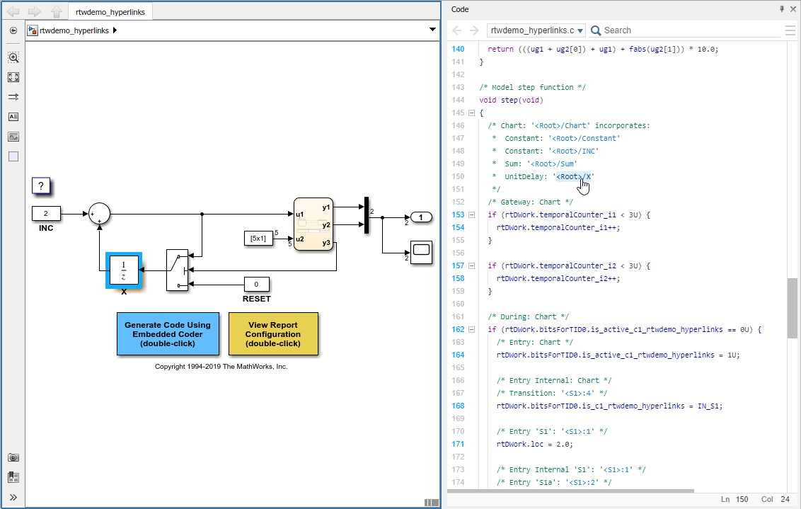 Code view containing generated code is open next to the model. Mouse cursor is
                placed over a comment and the corresponding block is highlighted in the model.