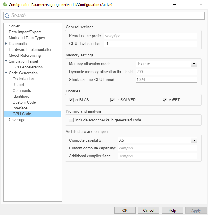 GPU Code pane on the configuration parameters dialog of the model.